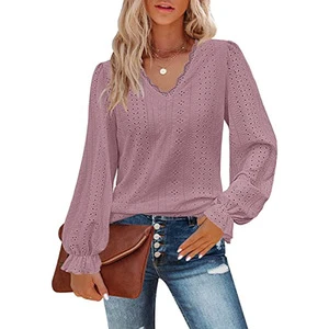 2026 For New Womens Apparel Cross-Border European/American V-Neck Polyester Loose-fitting Mid-length Hollowed-Out T-Shirt