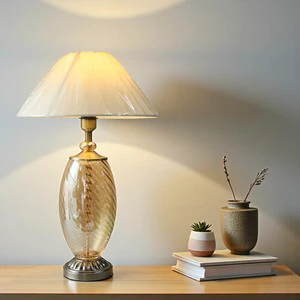 Modern Simple Electric Glass Desk Lamp with Fabric Cone Shade for Traditional Rooms LED Warm White Customized Color Indoor Decor