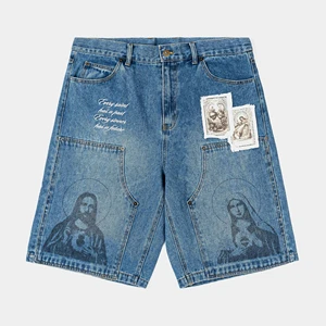 Custom Supplier Men Washed Baggy Jorts Applique Patch Printed Denim Shorts with Embroidery for Casual Streetwear