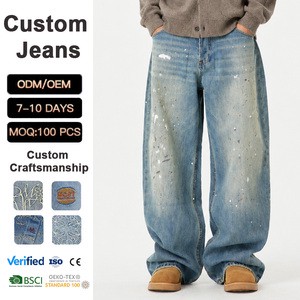 Splash-ink Vintage Summer Denim Jeans For Men Mid Waist Loose Fit Straight-leg Relaxed Wide ODM Quick Dry