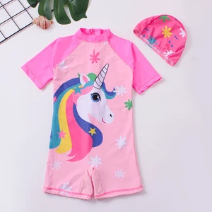 Summer Kids Swimsuit Cute Unicorn Print a Girls Beachwear with a Hat Customized Baby Swimsuit for Girls Swimsuit 1-13 Y