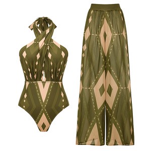 NEW Print Halter Neck Women's Two Pieces Swimwear Backless High Waisted Bottom Swimsuit and Beach Pant Set S-XL