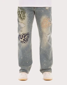 Yinope Custom High-quality Men's Streetwear Light Blue Distressed Washed Printed Embroidery Cotton Denim Straight Jeans