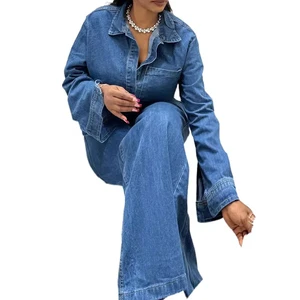 Women's Denim Suit Long Sleeve Top and Wide Leg Pants Two Piece Set