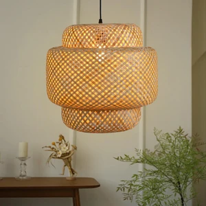 HN Handwoven Natural Bamboo Pendant Light, 2-Tiered Wicker Hanging Lamp for Boho Home, Restaurant & Hotel Decor