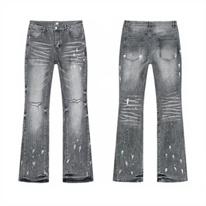 Brand Fashion High Street Retro Casual Niche Splash Ink Ripped Distressed Straight Mid Waist Spring Men's Washed Denim Trousers