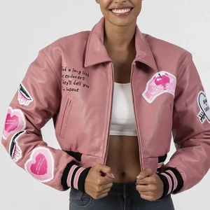 Customizable Women's High Quality Genuine Leather College Varsity Jackets Casual Cropped With Chenille Patches Embroidery