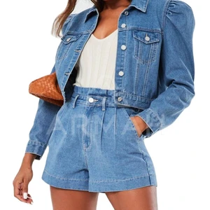 2025 New Casual Windproof Fashion Splicing 100% Cotton Winter Jacket Jeans Shorts Set Women's Long Sleeve Denim Suit Illusion
