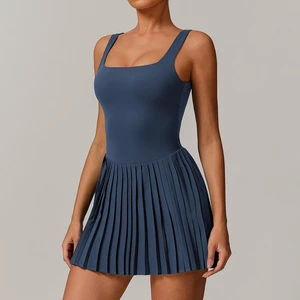 Women's Custom Logo Sportswear Breathable One Piece Tennis Skirt Gym Jumpsuit with Inner Pocket Yoga Sports Dress Waist Logo
