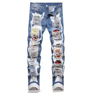 Men Vintage Denim Breathable Button Ripped Straight Stacked Custom Patch Plus Size Quality Summer Spring Jeans