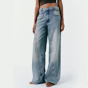 Artistic Sewing Design Breathable Distressed Denim Pants Fashion Women's Solid Mid Waist Light Blue Wide Leg Jeans