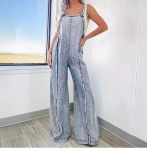 Women's Spring New Retro Washed Rough Selvedge Jumpsuit Stretchy Wide Leg Flare Denim Overall Jumpsuit