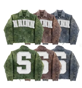 Clothing Manufacturer Custom Cropped Rhinestone Embroidery Denim Jeans Men's Jackets Varsity Joggers Letterman Jacket for Men
