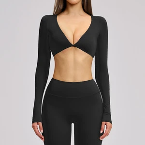 Women's Long Sleeve Yoga Top V-Neck Cropped Gym Shirt with Padded Bra Quick Dry Fitness Workout T-Shirt