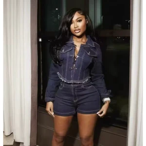 Peeqi TK6327 Fashion Autumn Casual Women's Denim Outfit Long Sleeve Jeans Shorts Two Piece Suit Plus Size Set Women