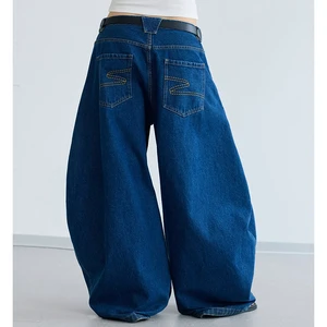 Custom Design Women's High Waist Loose Fit Wide Leg Washed Vintage Distressed Denim Jeans with Rivet and Woven Detail