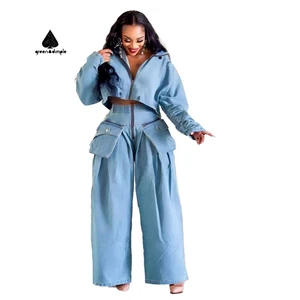 Women Clothing Manufacturers Custom Autumn Heavy Industry Retro Jacket Women Two Piece Set Denim Sets Women Pants Set
