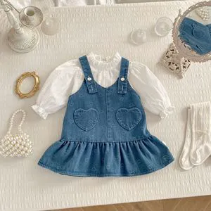 2026 Spring Girls' Toddler Outfit Sweet Heart Denim Suspender Dress Baby Suit Solid Color Long Sleeve Shirt Two-Piece Set