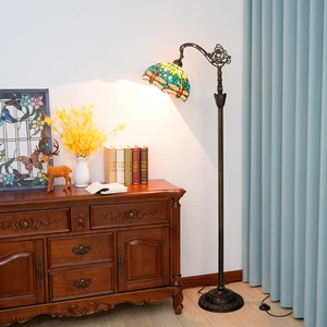 Tiffany Floor Lamp Green Dragonfly Style Stained Glass Arched Gooseneck Adjustable Angle Floor Lamp for Living Room Bedroom