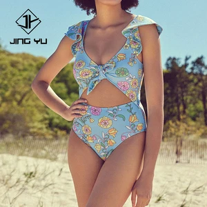 New beach print hollowed-out knotted ruffle one-piece swimsuit custom eco-friendly nylon one-piece swimwear