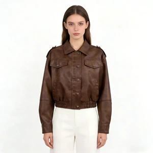 Custom Retro Brown Women's Leather Jacket With Lapel Design Fashionable Windproof Casual Outerwear Classic Leather Jacket