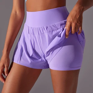 Ladies Solid Double Layer Anti-Exposure Running Shorts Workout Gym Fitness Shorts Badminton Tennis Sports Shorts