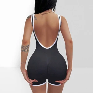 Women's Sleeveless Sports Jumpsuit with Low Neck Contrast Color Hip Lift V-Back Seamless Gym Suit for Running Stretchy Bodysuit