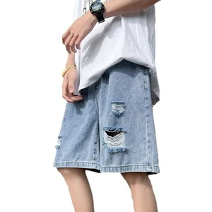 RNSHANGER Summer Beach Men's Casual Denim Shorts Loose Solid Color Hole Straight Shorts Street Thin Washed Male Denim Shorts