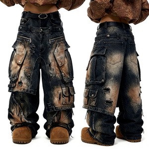 YSJY OEM Manufacturer Custom Designer Y2k Vintage Baggy Plus Size Mens Jeans Double Waisted Heavy Mud Wash Cargo Jeans for Man