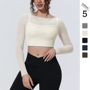 Women's Lightweight Mesh Yoga Crop Top Long Sleeve Built-in Bra Breathable Four-Way Stretch Quick Dry for Gym Pilates Running