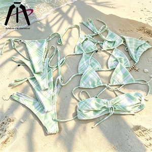 Custom Bikini Set Manufacturer Luxury Designer Women Swimwear High Waist Swimsuit UPF50+ Hot Sale Plaid Print Beach Bikini