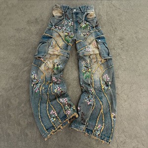 Fashion Custom-made Vintage Winter Mid-rise High-waist Stone-washed Denim Loose-fitting Stretch Embroidered 100% Cotton Men's