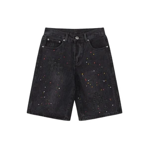 Men's Custom Denim Shorts With Cross Embroidery Painted Splatter Loose Fit Streetwear Casual Summer Fashion Jeans Shorts