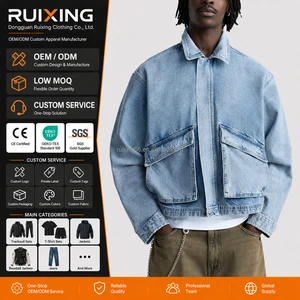 Wholesale Y2K Men Denim Jacket Acid Wash Boxy Fit Cropped Cargo Pockets Heavyweight Streetwear Bulk Custom OEM Supplier
