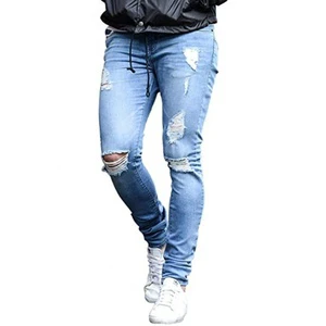 New Design Wholesale Plus Size Men's Straight High Waist Lightweight Printed Full Length Ripped Jeans