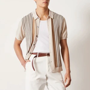 Summer Striped Short Sleeve Casual Streetwear Knit Loose Top Jacket Men's Shirt
