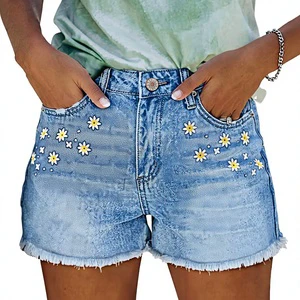 EXORO APPARELS Women's Mid Waist Denim Shorts Frayed Hem Summer Casual Light Blue Cotton Straight Leg Breathable Medium Wash