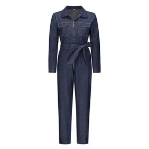 Skinny Long Sleeve Denim Overalls Women Jeans Jumpsuit Casual Belted Denim Rompers Plus Size