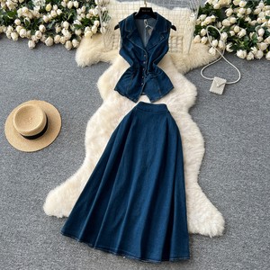 2pcs Ladies Dress Denim Suit Set: Sleeveless Button-Up Shirt With Pleated Waist + High-Waist A-Line Skirt Ladies 2 Piece Set