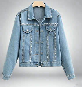 Spring Autumn Women's Casual Denim Jeans Jacket with Pearls Button-Up Collar Blazer Style Long Sleeves