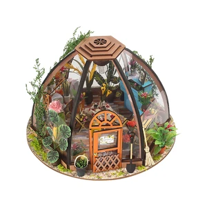 Dome Greenhouse DIY Miniature Dollhouse Kit with LED Light, Garden Villa Scale Model Kit for Adults Home Decor