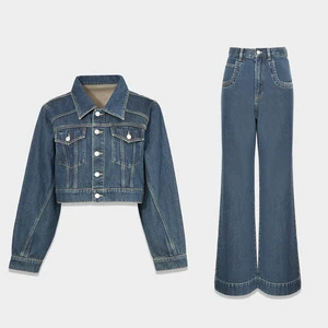 2023 Bufa Western Women Denim Outfits Cotton Denim Crop Jacket and Cowgirl Matching Trousers Jean Two Piece Pants Set Women