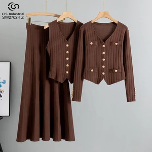 Factory Wholesale Women's Casual Three-Piece Set Knitted Vest Button Cardigan Jacket Long Skirt Women Sweater Suit