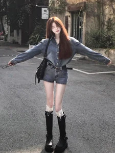 Women's Denim Set Two Piece Outfits Jacket Jeans Vintage Y2K Streetwear Loose Casual Autumn High Waist Blue Jean Suits Button
