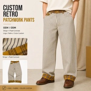 Custom Premium Retro Stripe & Plaid Contrast Patchwork Wide Leg Baggy Pants | Five-Pocket Casual Stacked Trousers Private Label