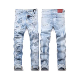 Quality Mens Jeans Denim Pants Indigo Printed Light Luxury Stylish OEM Service High Street Mid Multi Hole Thread Mens for Men