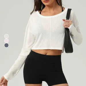 New Women's Yoga Top Fitness Exercise Top Long-Sleeved Casual Yoga Wear with Round-Neck and Short Backless Design