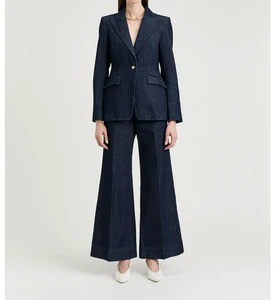 Women Dark Denim Suit Set Single Button Notched Lapel Blazer High Waist Flare Wide Leg Pants Two Piece Outfit Office