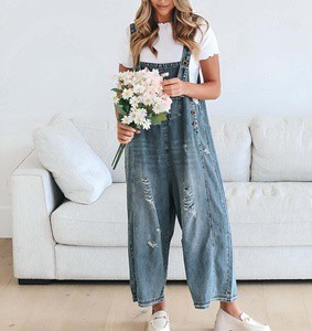 Women's Distressed Denim Overalls Wholesale Wide Leg Slouchy Jeans Jumpsuit Streetwear Vintage Grunge Ripped Bib Pants