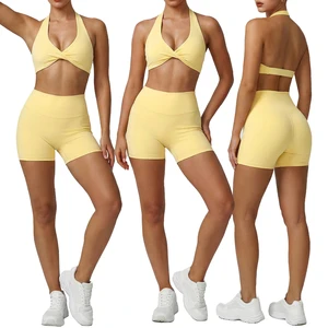 High Quality Yoga Set Short Sets Women Two Piece Women Fitness Sportswear Halter Neck Sports Bra Spandex Shorts for Women